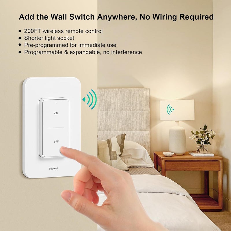 treewell Remote Control Light Socket, 200FT Range Wireless Light Switch, Remote Light Socket for Pull Chain Light Fixture, E26 E27 Bulb Base, No Wiring Needed (2 Wall Mounted Switches and 1 Socket) - Image 2